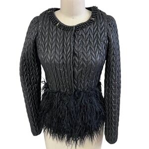 1980s Vtg Morning Black Jacket Faux Leather w/Mongolian Shearling Hem S